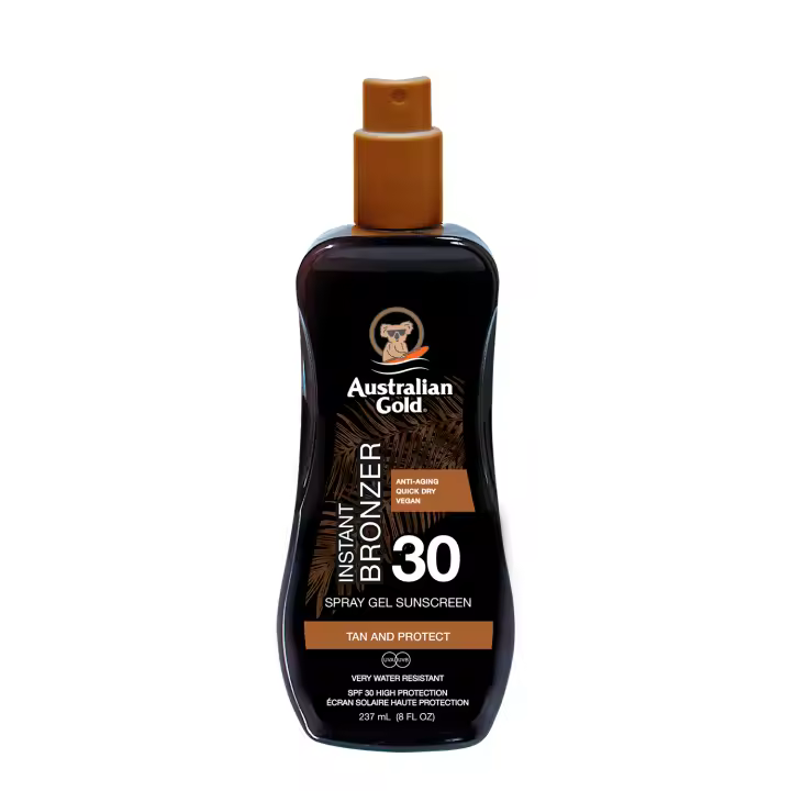 Australian Gold SPF 30 SPRAY GEL W/ BRONZER, protector solar en spray con textura de gel con acelerador del bronceado  237ml - 1