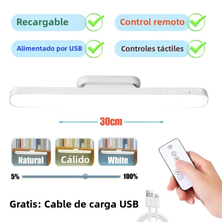 Lámpara De Escritorio Remota LED Recargable Por USB Luz Nocturna Magnética Para Armario Cama Espejo 48cm 30cm Tamaño Ajustable 3 Colores - 1