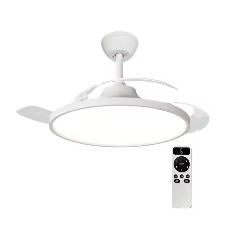 Ventilador de techo LED Hola LED de 42" - 60 W, temperatura de color regulable, blanco, 6 velocidades, motor de CC de cobre, ultrasilencioso con control remoto - Perfecto para dormitorio y comedor - 1
