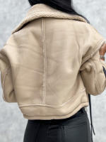 Chaqueta Motera De Cuero Sintético Para Mujer Con Cuello Acordonado De Peluche Vintage Chaqueta Moto Caliente De Invierno Outerwear - details 5