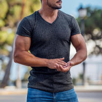 Camiseta De Hombre Con Cuello En V Y Manga Corta Para Fitness Y Gimnasio Verano Estilo Casual Color Sólido Moda Slim Fit - details 11