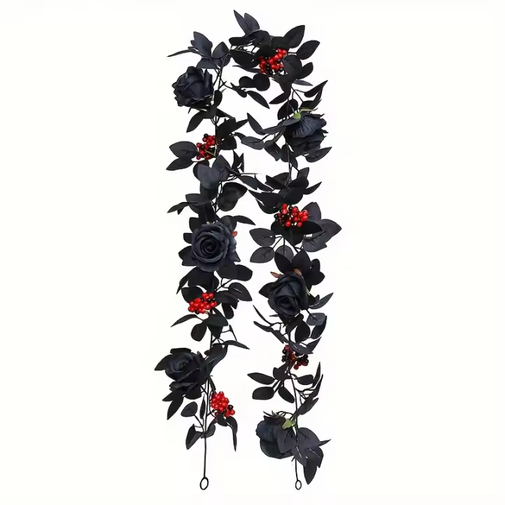 1pc Guirnalda De Rosas Negras Artificiales Con Eucalipto Y Bayas Rojas Gypsophila Verde Falso Eucalipto Para Halloween Decoración De Navidad - 1