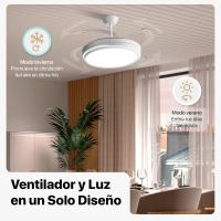Ventilador de techo con luz de 84 W, ultra silencioso, invisible, con mando a distancia y aspas retráctiles, función verano-invierno, mando integrado blanco nieve Clase energética F iotostark-LEDUNI - details 4