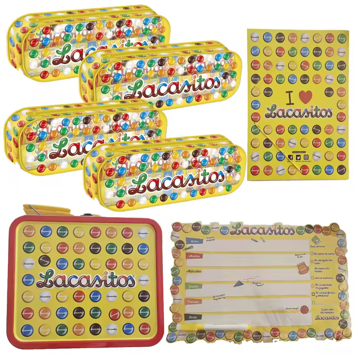 Pack escolar Lacasitos:4 estuches 5 tubos de 20g,carpeta,planificador magnético,lata maletín - 1