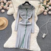 Vestido De Lana Elegante De Otoño Invierno Para Mujer Cintura Alta Botones Cuello Bajado Largo De Contraste Nuevo 2024 - details 9