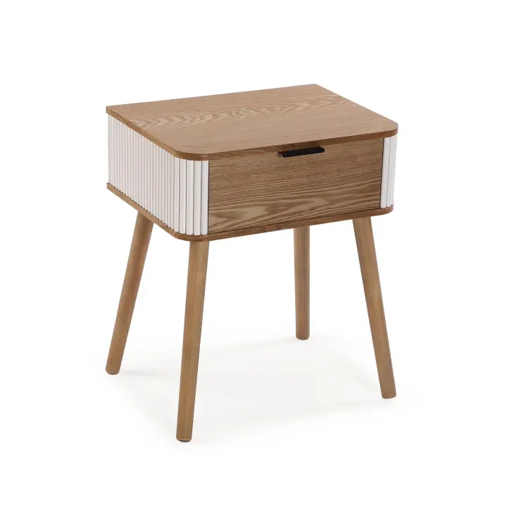 VERSA - Mesita de noche en madera color natural y extremos en color blanco ondulados , con un cajón y unas medidas de 43x33x51 cm   das de - 1