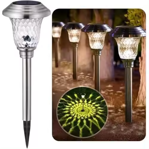 4 luces solares para exterior - Acero inoxidable - 0,2 W IP44 - 115 x 115 x 400 mm (alto) - Blanco cálido - Para jardín, Navidad, césped y terraza - 1
