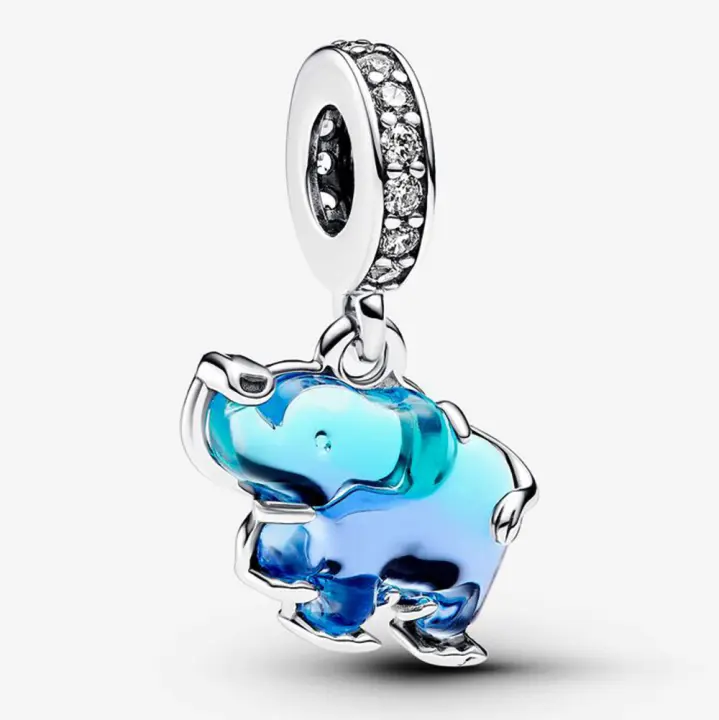 Pandora Charm de Colgante en Plata de Ley Elefante de cristal de Murano azul，Incluye Caja Original - 1