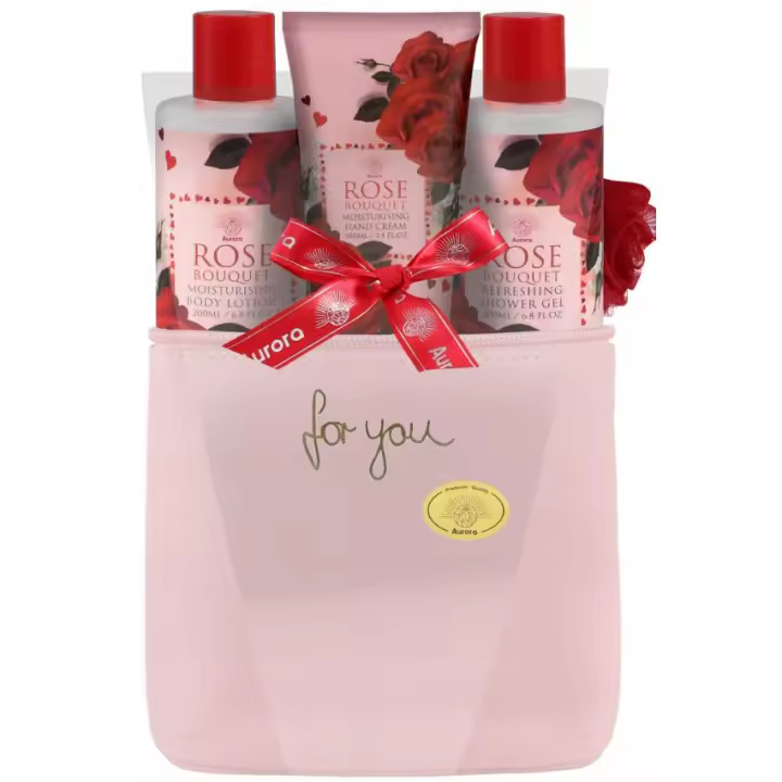 GIFT SET NECESER ROSAS 5 PZAS----CONTINE BODY LOTION 200ML, SHOWER GEL 200ML, CREMA DE MANOS 100ML, ESPONJA Y LA CESTA----PERFECTO PARA REGALOS----MARCA AURORA - 1
