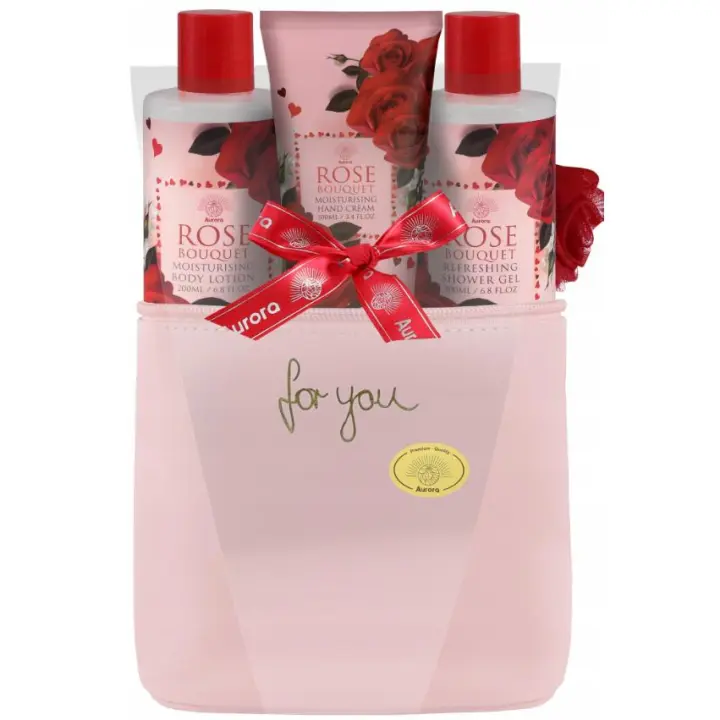 GIFT SET NECESER ROSAS 5 PZAS----CONTINE BODY LOTION 200ML, SHOWER GEL 200ML, CREMA DE MANOS 100ML, ESPONJA Y LA CESTA----PERFECTO PARA REGALOS----MARCA AURORA - 1