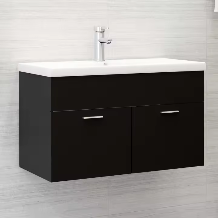 vidaXL Mueble con lavabo madera de ingeniería en color Blanco/Blanco brillante/Gris hormigón y más | almacenamiento funcional diseño moderno para baño dormitorio sala - 1