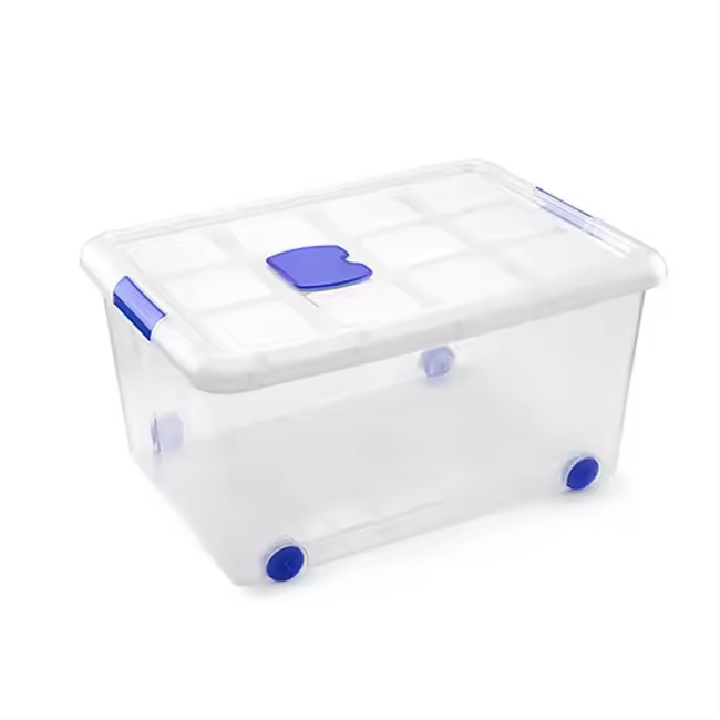 57L - Caja de almacenaje transparente de plástico con tapa, ruedas y cierres a presión - 45 x 62 x 32cm Compartimento para antipolillas , Ideal para ropa y objetos , Fácil manejo y transporte - 1