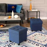 Taburete reposapiés cuadrado con almacenamiento y tapizado capitoné, patas de madera maciza, asiento acolchado de espuma, disponible en gris oscuro, gris claro y azul marino - details 3