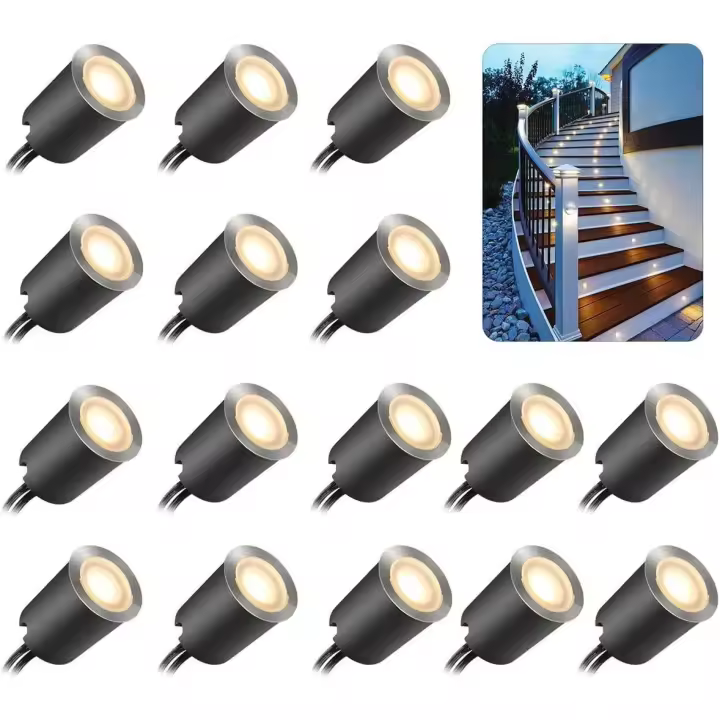 Juego de 16 focos LED empotrables para exteriores, resistente al agua IP67, Ø 32 mm, focos empotrables para exteriores para terraza de madera, piscina, jardín, escaleras, cubierta de madera (con enchufe de la UE) (16 LED blancos cálidos 2800k) - 1
