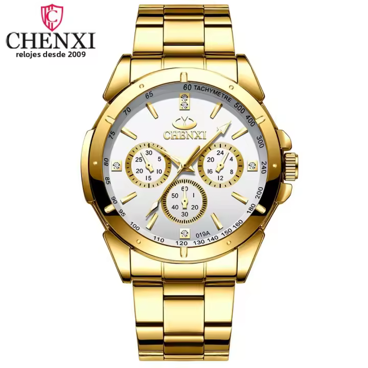 Reloj De Pulsera De Lujo Para Hombre CHENXI Dial Dorado Cuarzo Acero Inoxidable Impermeable Reloj De Negocios Con Manos Luminosas Y Cierre De Seguridad - 1