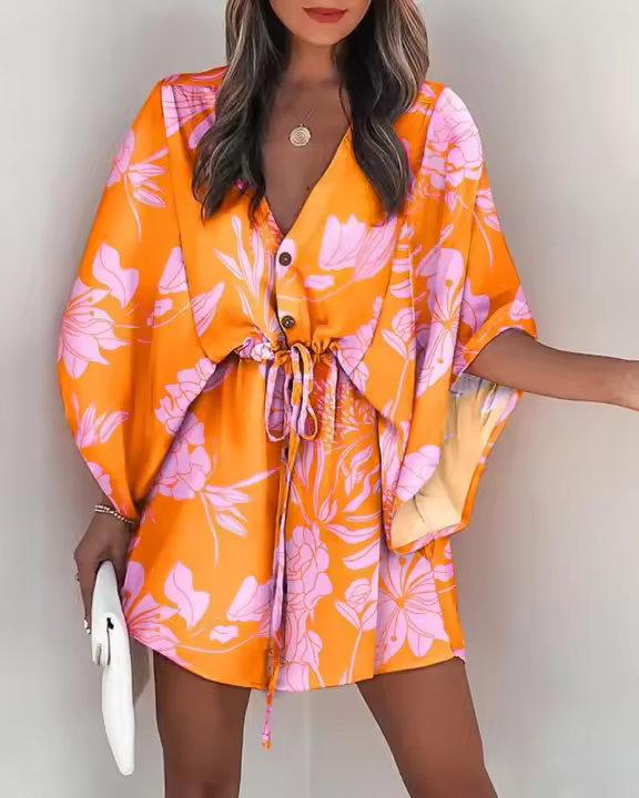 Vestido De Verano Para Mujer Estampado Floral Manga Batwing V-Neck Volantes Corte Irregular Casual Bohemio Talla S M L XL XXL - 1
