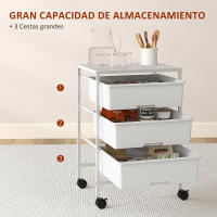 HOMCOM Carrito Auxiliar con Ruedas Carrito de Cocina de 3 Niveles con 3 Cestas para Almacenamiento y Marco de Acero para Comedor Sala Baño 40,8x33,5x60,5 cm Blanco - details 3