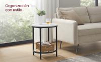 VASAGLE Mesa Auxiliar Redonda de 2 Niveles, Mesita de Noche, Encimera de Aglomerado y Estante de Vidrio Templado, para Salón, Dormitorio, Estudio, Minimalista Moderna, Blanco Mármol y Negro - details 0