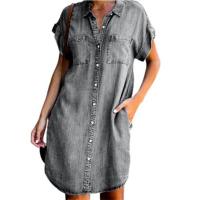Vestido De Jean Desgastado Para Mujer Camisa De Densión Corta Con Mangas Botones Abajo Estilo Casual Túnica De Pierna Larga - details 1