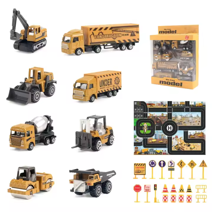 Juego De 8 Piezas De Camiones De Aluminio Con Mat Y Señal De Carretera Modelos Clásicos De Construcción Para Niños Excavadora Cargador Autobús Remolcador Vehículo De Metal Para Niños Mayores De 3 Años - 1