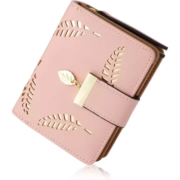 Monedero para mujer, monedero pequeño de cuero plegable para mujer con tarjetero para tarjeta de crédito, identificación y efectivo (rosa) - 1