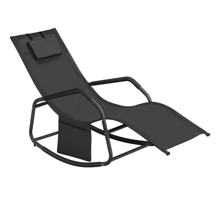 SONGMICS Mecedora, Silla Tumbona, con Dispositivo de fijación, Cojín Ajustable, Estructura de Acero, Tejido Transpirable, Bolsillo de Almacenamiento, 156,2 x 97,3 x 151 cm, Negro - 1