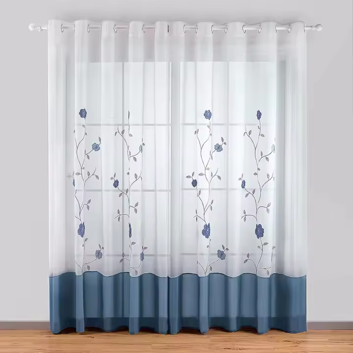 Juego de 2 cortinas con ojales, visillos con bordado floral para dormitorio, cocina, salón (2 paneles (ancho 140 cm x alto 260 cm), azul) - 1