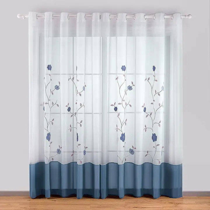 Juego de 2 cortinas con ojales, visillos con bordado floral para dormitorio, cocina, salón (2 paneles (ancho 140 cm x alto 260 cm), azul) - 1