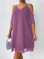 Vestido De Verano Para Mujer 2025 Elegante Con Cuello En V Y Manga Corta Vestido De Chiffon A-Line De Rodilla Casual - details 4