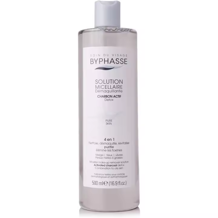 AGUA MICELAR DESMAQUILLANTE BYPHASSE Carbón activo 500 ml Limpiador y Revitalizante - 1