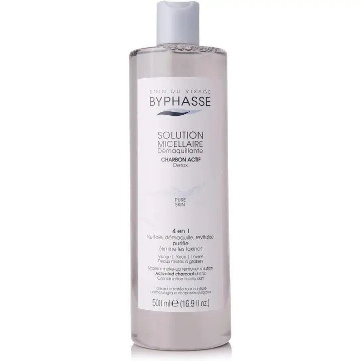 AGUA MICELAR DESMAQUILLANTE BYPHASSE Carbón activo 500 ml Limpiador y Revitalizante - 1