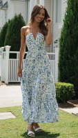 Vestido Maxi Bohemio De Verano Para Mujer En Chiffon Floral Sin Mangas Cuello En V A-Line Largo Con Espalda Descubierta Y Volante - details 7