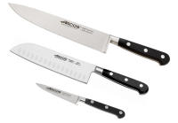 Arcos Set de Cuchillos de Cocina 3 piezas - Cuchillo Profesional - Hoja Acero Inoxidable Forjado NITRUM - Mango Polioximetileno (POM) - Negro - Mondador + Santoku + Cocina -  Apto Lavavajillas - Marca Arcos - details 0