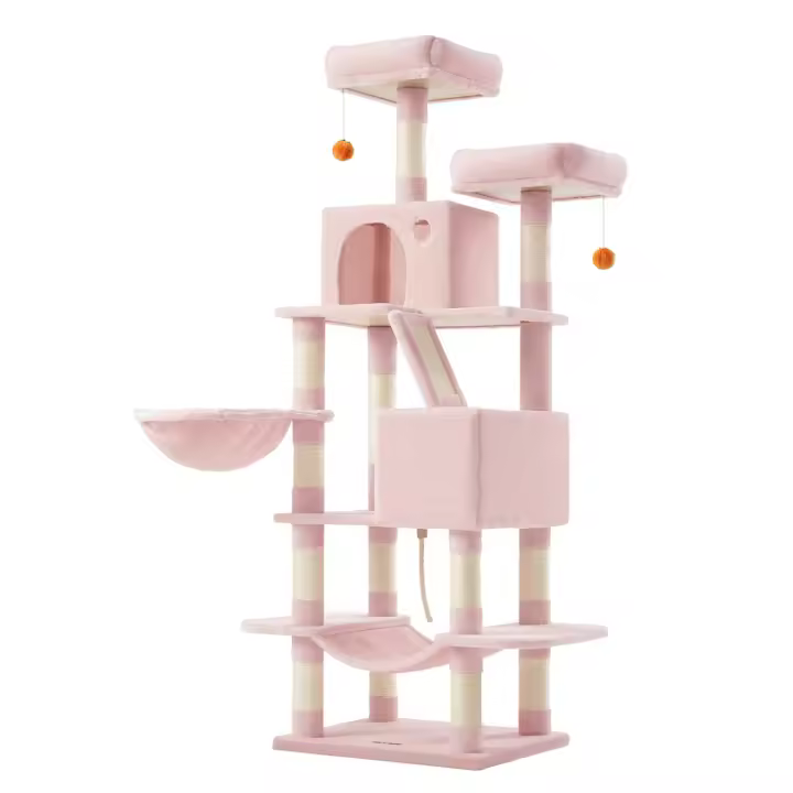 Rascador de gatos multinivel de 168 cm, torre con 13 postes, 2 plataformas, cuevas, cesta, hamaca y pompón, árbol para gatos grandes, disponible en blanco, gris claro y rosa - 1