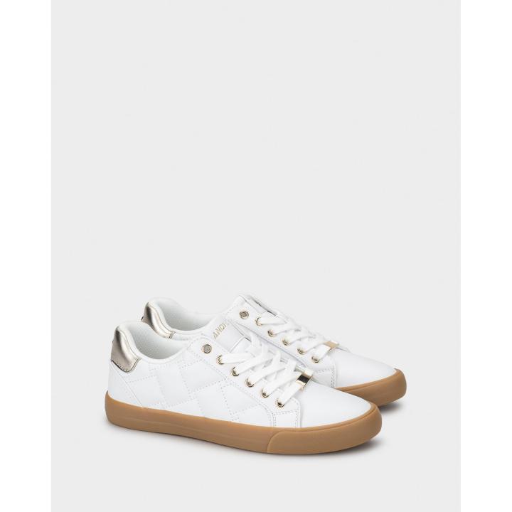 Andy-z az2506 women's sneakers with rhombus padding. white upper, gold metallic heel and metallic details. durable rubber sole. adjustable laces, comfortable and versatile, perfect for everyday and casual elegant looks.