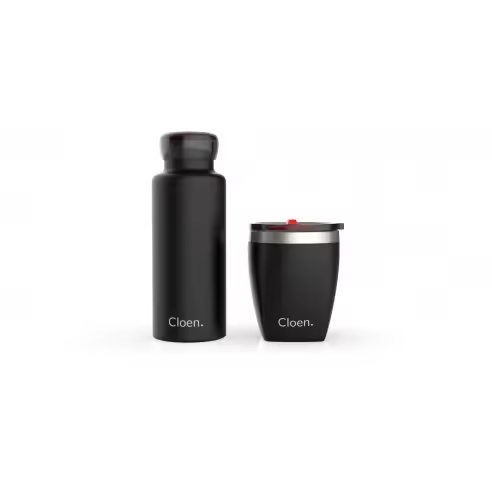Cloen - Botella y vaso térmicos de acero inoxidable triple capa, 500 ml + 260 ml, frío 24 h y caliente 12 h, negro - 1