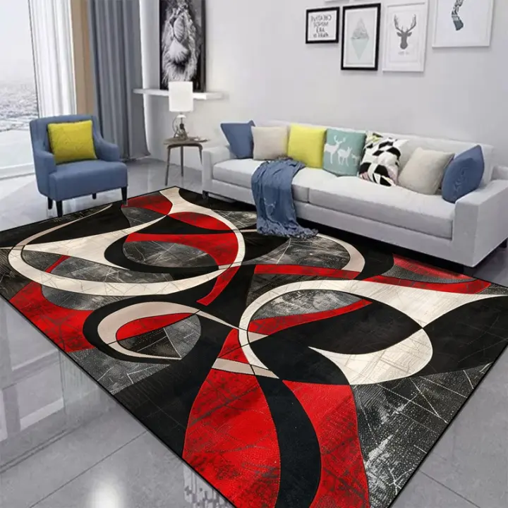 Carpetas Modernas De Poliéster Rojo Y Negro Antideslizantes Lavables Para Sala De Estar Sofa Mesa De Café Dormitorio Baño Decoración De Piso - 1