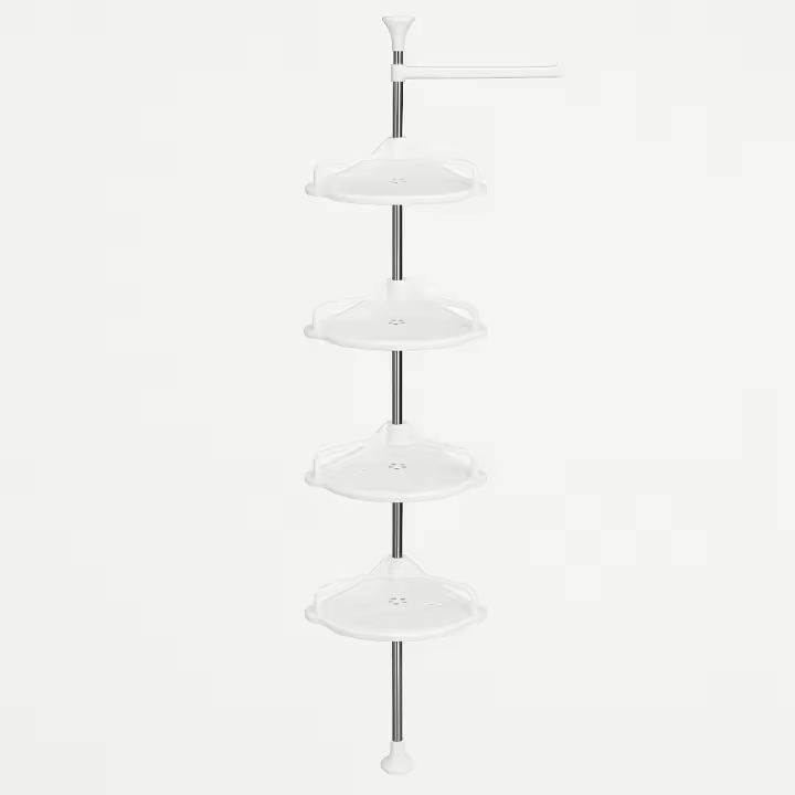 Ruhhy, Estantería de Ducha Esquinera Extensible 200-300cm con 4 Baldas Ajustables y Gancho | Estante de Baño sin Taladro en Rincón | Organizador Vertical para Gel Champú Toallas - Blanco y Acero Inoxidable - 1