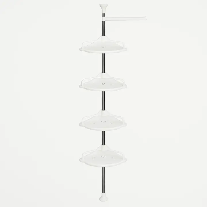 Ruhhy, Estantería de Ducha Esquinera Extensible 200-300cm con 4 Baldas Ajustables y Gancho | Estante de Baño sin Taladro en Rincón | Organizador Vertical para Gel Champú Toallas - Blanco y Acero Inoxidable - 1