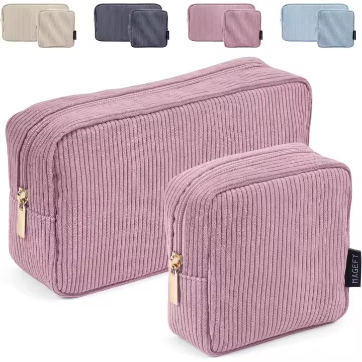 Bolsa de maquillaje, 2 piezas, pequeña, para bolso de mano, de pana, con compartimentos, para viaje (beige) - 1