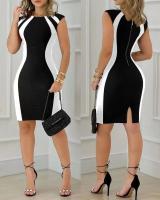 Vestido Bodycon Colorblock Elegante Para Mujer Verano Moda Sin Mangas Cuello Redondo Mini Vestido Negro Casual Para Fiesta Club - details 2