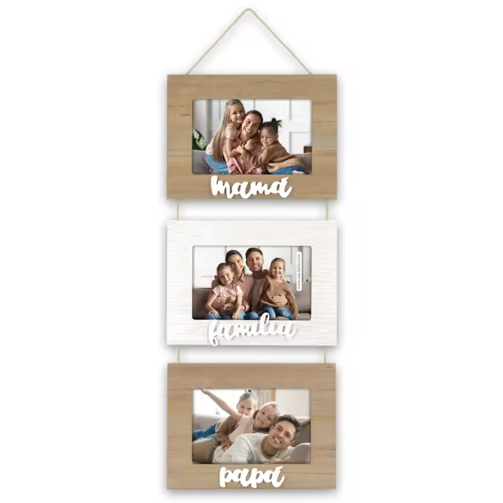 ZEP Marco de madera blanca y natural, marco de pared multifoto con cuerda vista para 3 fotos, con escritura en relieve, adecuado como regalo, ideal para celebrar aniversarios o cumpleaños, para el hogar y la oficina. - 1