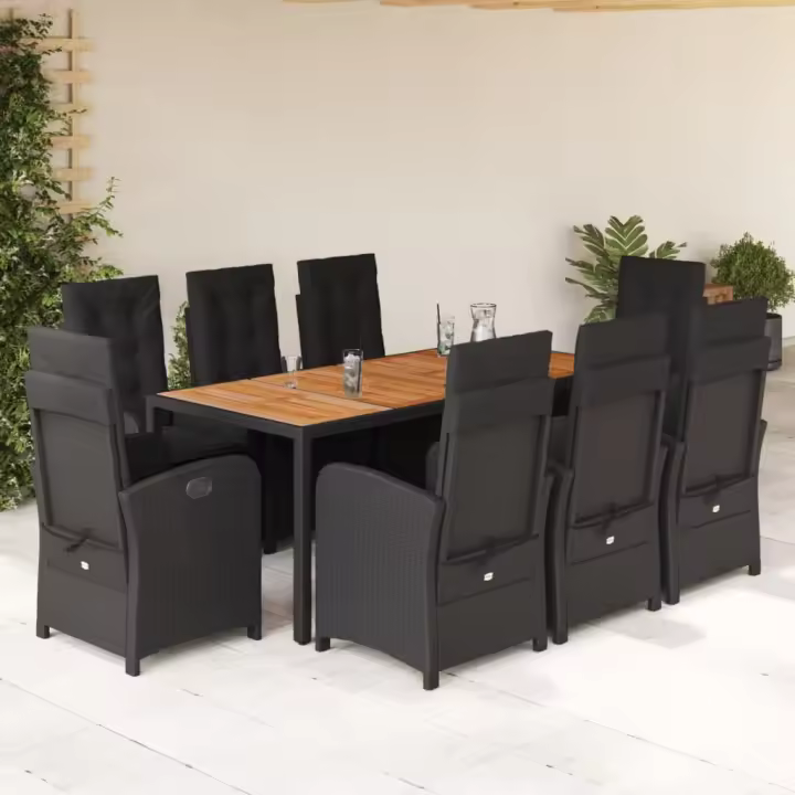 vidaXL Set de comedor de jardín 9 pzas y cojines ratán sintético negro - 1