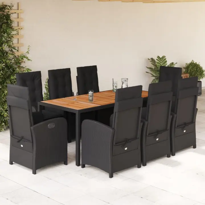 vidaXL Set de comedor de jardín 9 pzas y cojines ratán sintético negro - 1