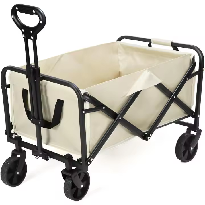KingnetStore - Carro de Mano Plegable con Ruedas. Multiusos Ideal Playa, Compra, jardín, Camping. Carga hasta 120kg / 150kg. Asa Ajustable. Auxiliar, Herramientas, Bebe, Juguete. Negro / Beige - 1