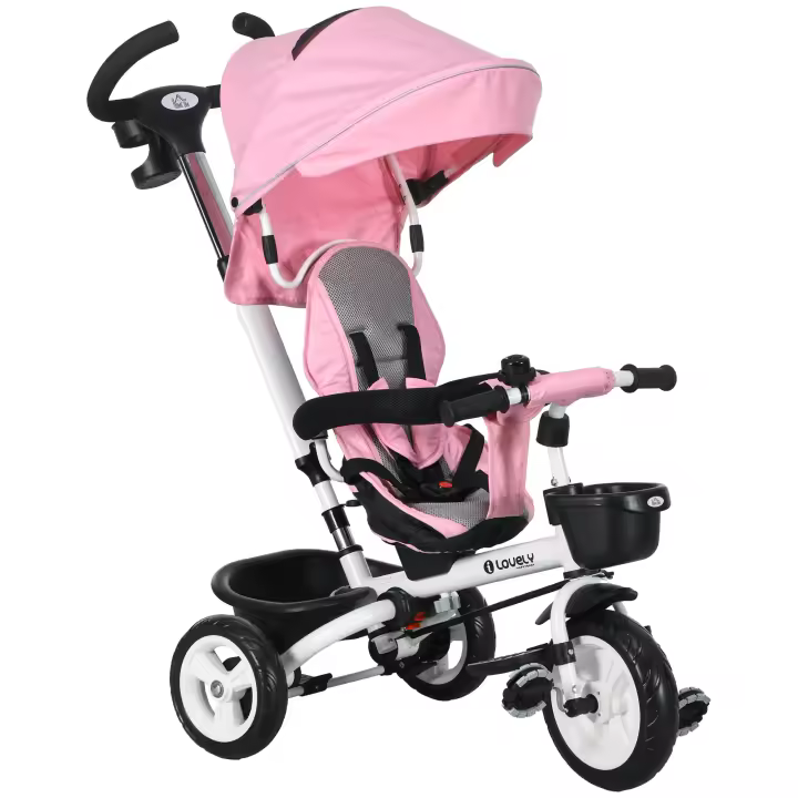 HOMCOM Triciclo 6 en 1 con barra de empuje, Triciclo infantil con cinturón de seguridad, Capota solar plegable y desmontable, Portavasos, Cesta, Pedal, hasta 25 kg, Para niños de 1 a 5 años, Rosa - 1