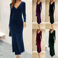Vestido Largo De Noche Elegante Y Acolchado Con Cuello En V Manga Larga Slim Para Otoño E Invierno Vestido Europeo Y De Estados Unidos - details 0