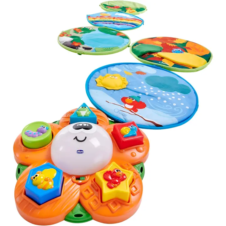 Chicco 4 Estaciones, Alfombra de Juegos Bebé, Tapete Multisensorial Electrónico y Formas con 5 Discos Blandos y Flor Central con Luz y Sonido, Juguetes Bebé 9+ Meses - 1