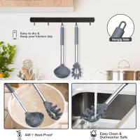 Utensilios de cocina de silicona, 2 cucharas soperas grandes antiadherentes y tenedor para pasta para cocinar, mezclar, servir sopa, salsa, pasta y huevos. No tóxicos, resistentes al calor y aptos para lavavajillas, color gris claro. - details 4