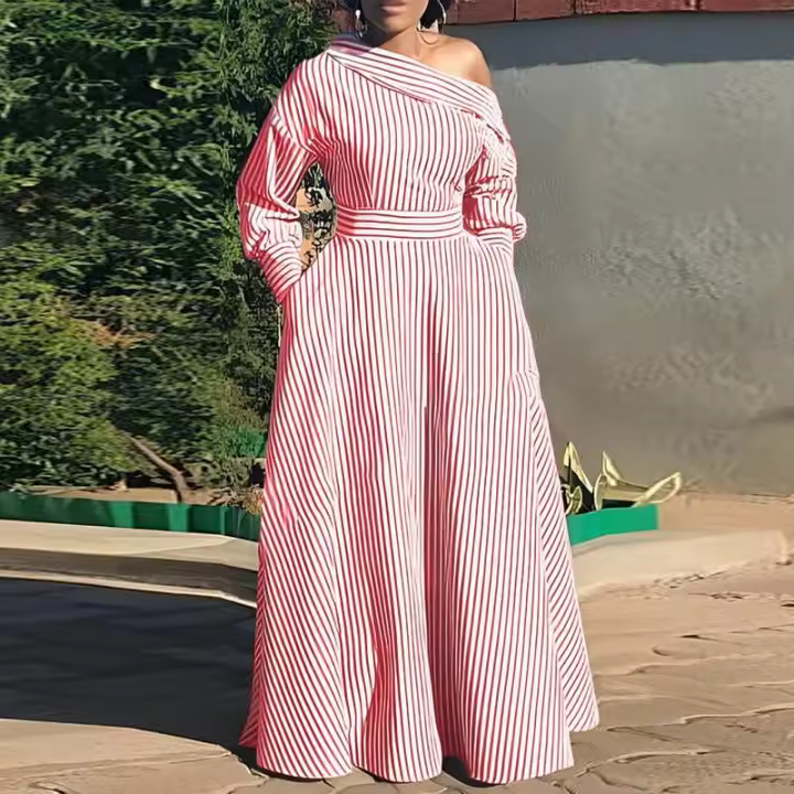 VONDA Vestido Maxi Elegante Para Mujer 2024 Con Rayas Bohemio Casual Manga Larga Hombro Descubierto Sin Capucha Fiesta Longitud Del Vestido Hasta El Tobillo - 1